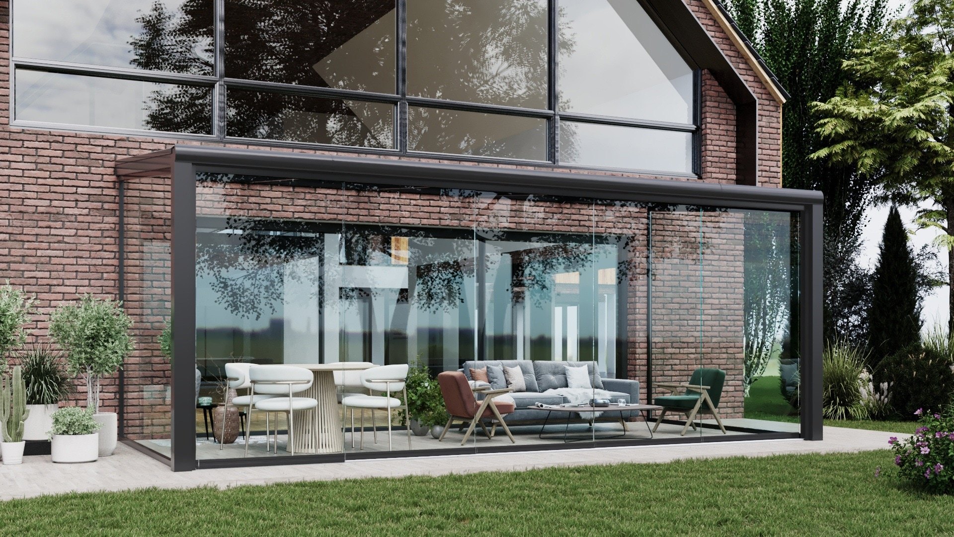 Witte serre met glazen schuifwanden 5 rails