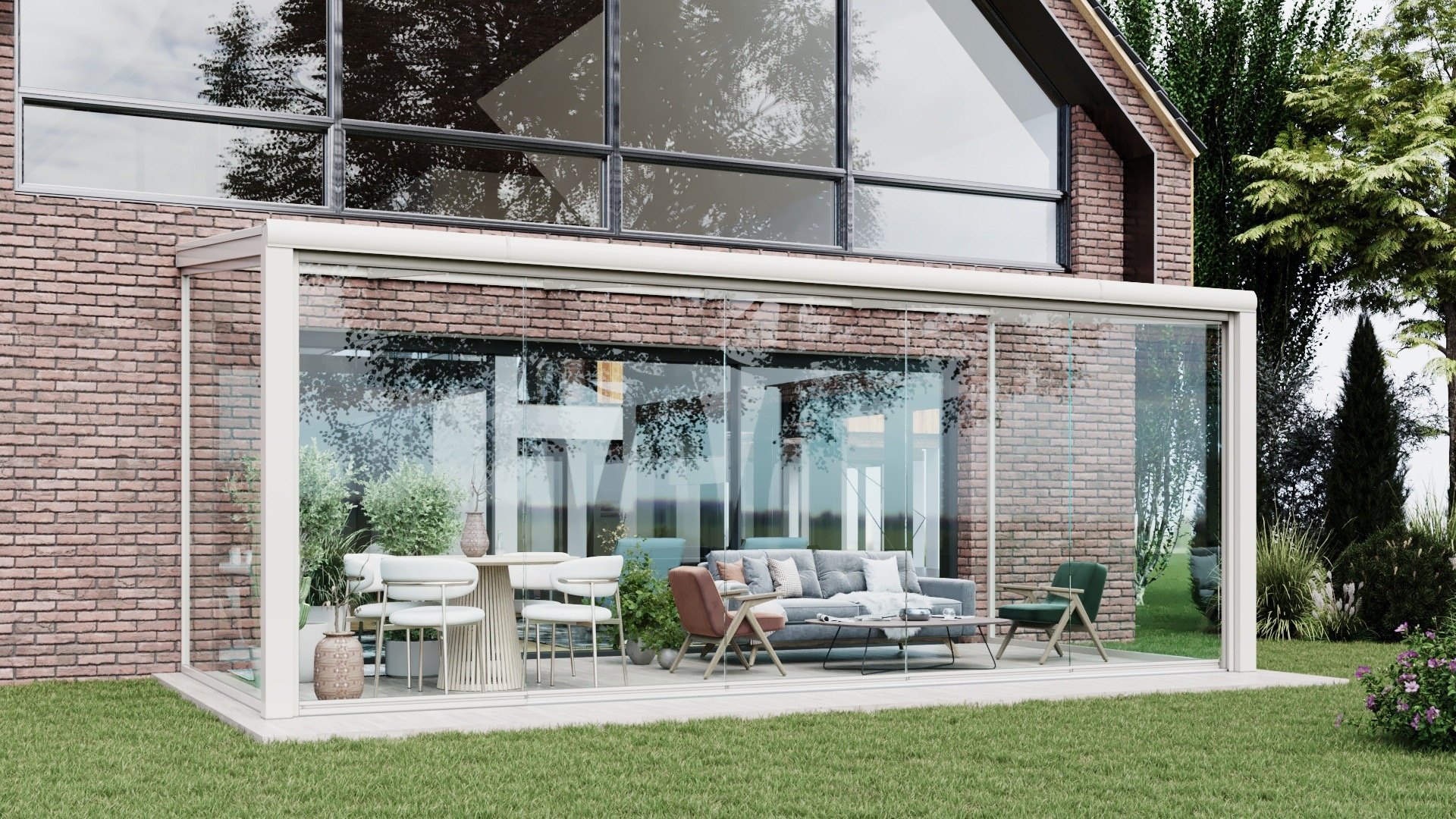 Witte serre met glazen schuifwanden 5 rails