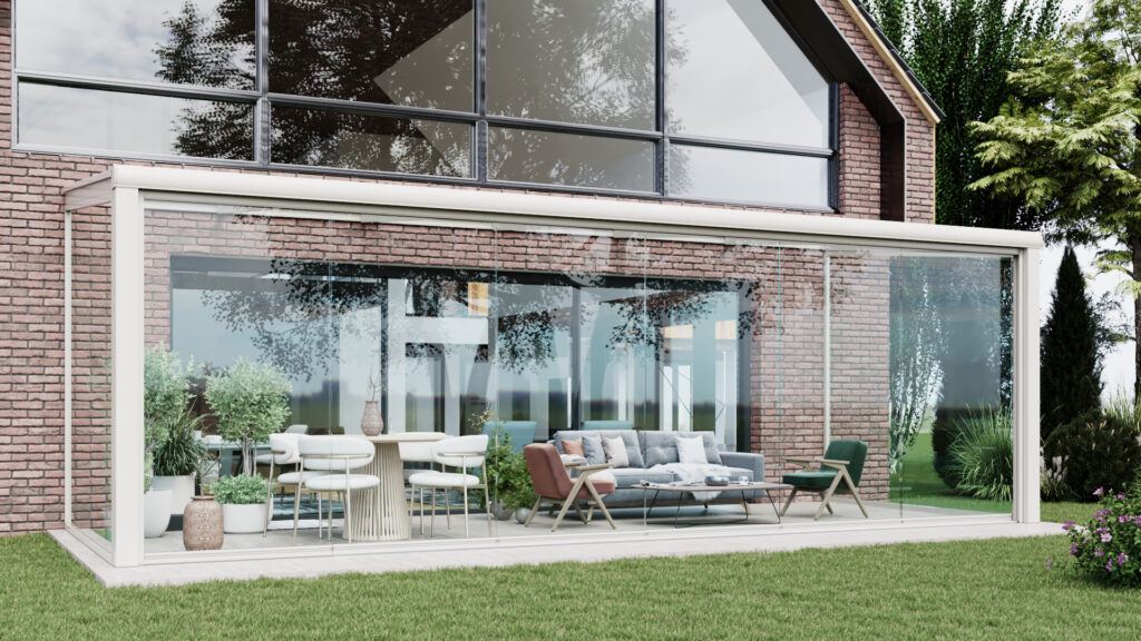 Witte serre met glazen schuifwanden 6 rails