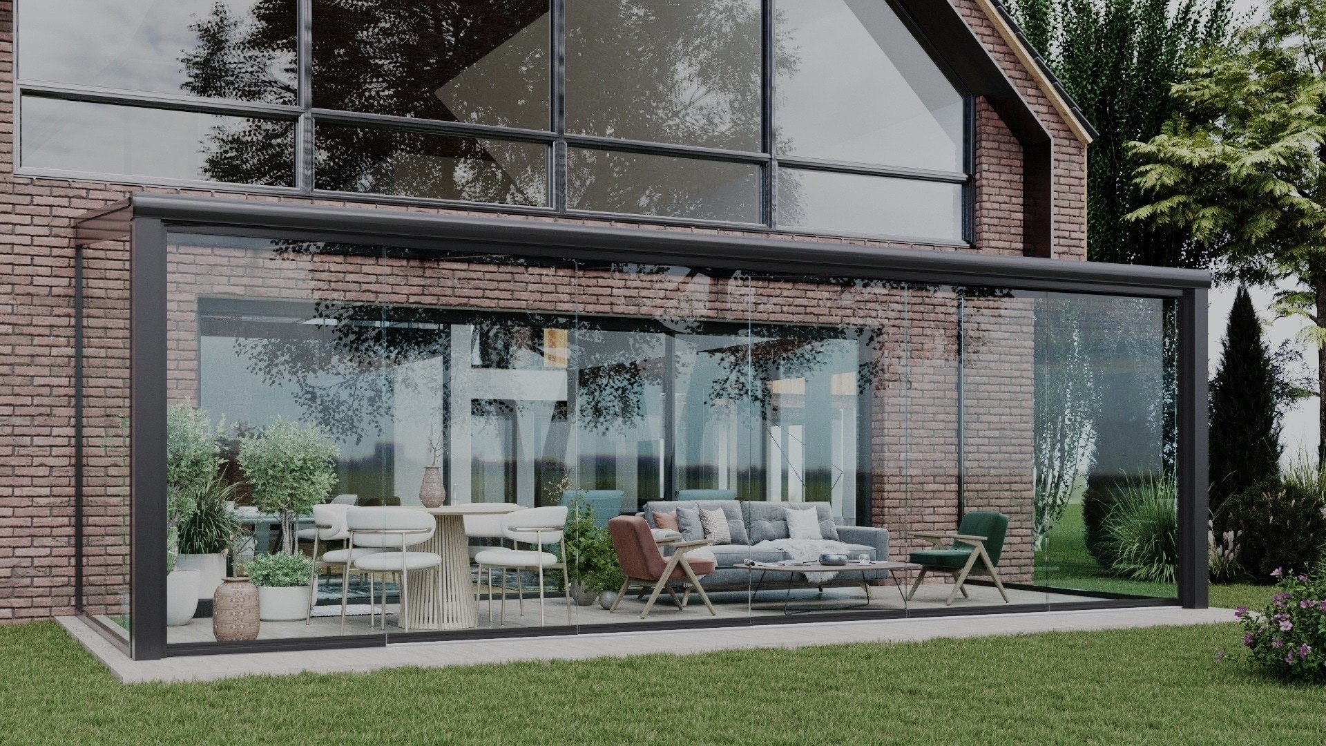 Zwarte serre met glazen schuifwanden 6 rails